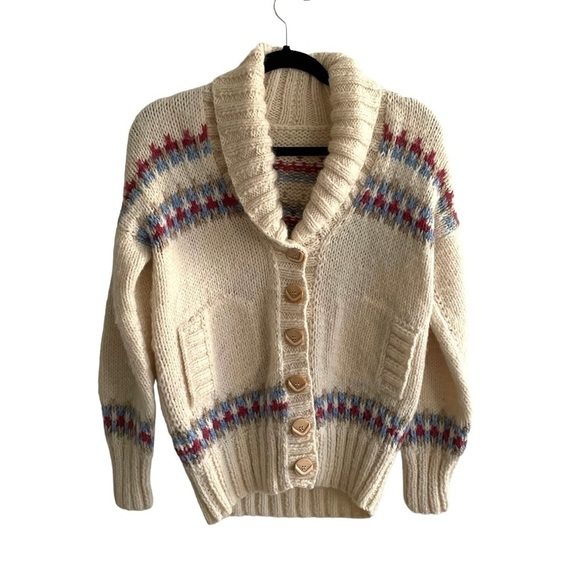 HAND KNIT Wool Chunky Knit Button Front Cardigan Sweater Cream Blue L - Picture 4 of 7